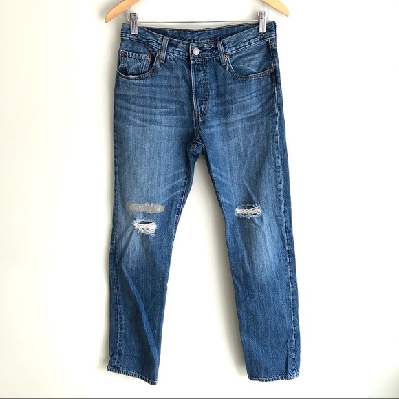 Levi's 501 High Rise Jeans Distressed Button Fly Medium Denim - Picture 1 of 14